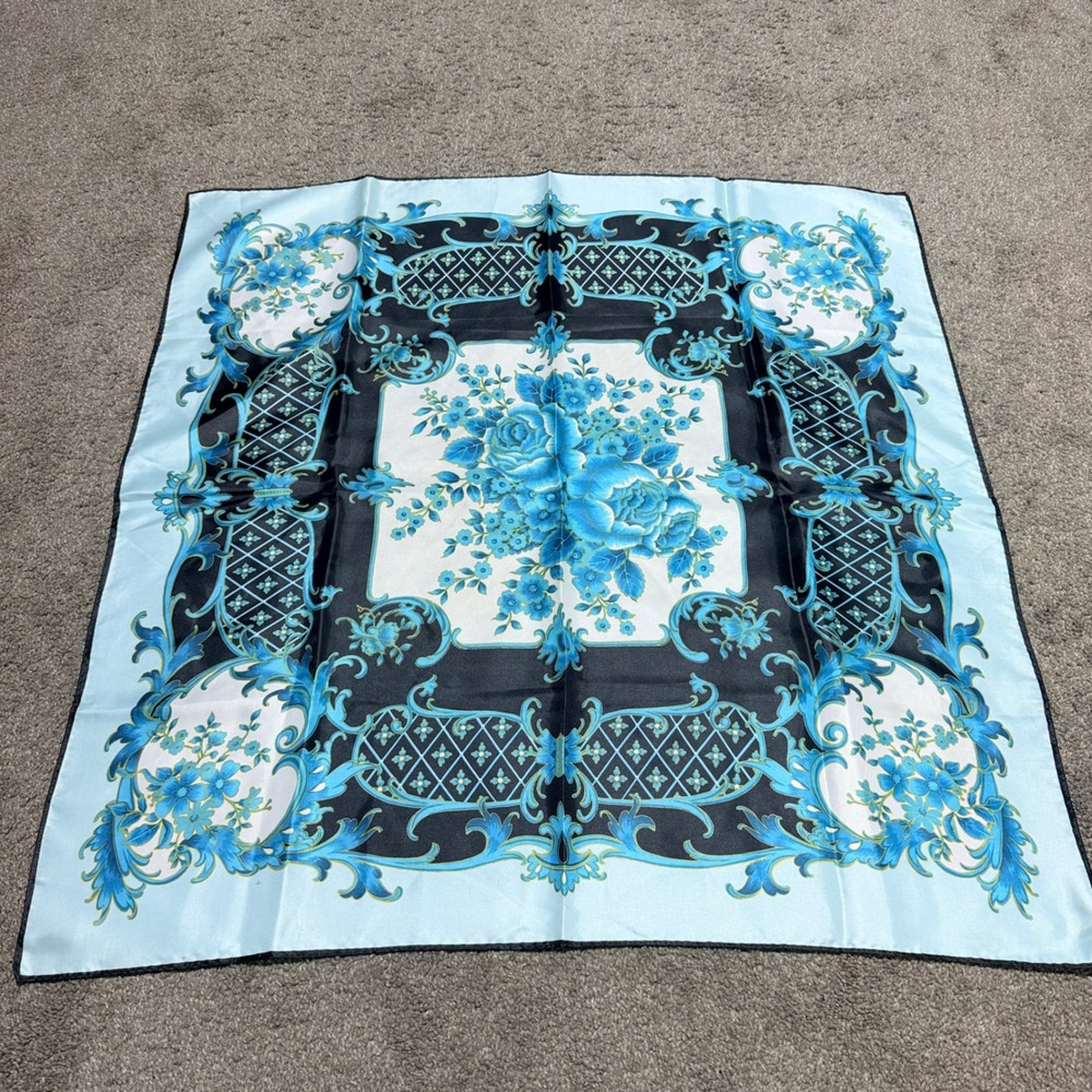 Vintage Blue Floral Baroque Square Scarf 30in Head Wrap Neckerchief Accessory